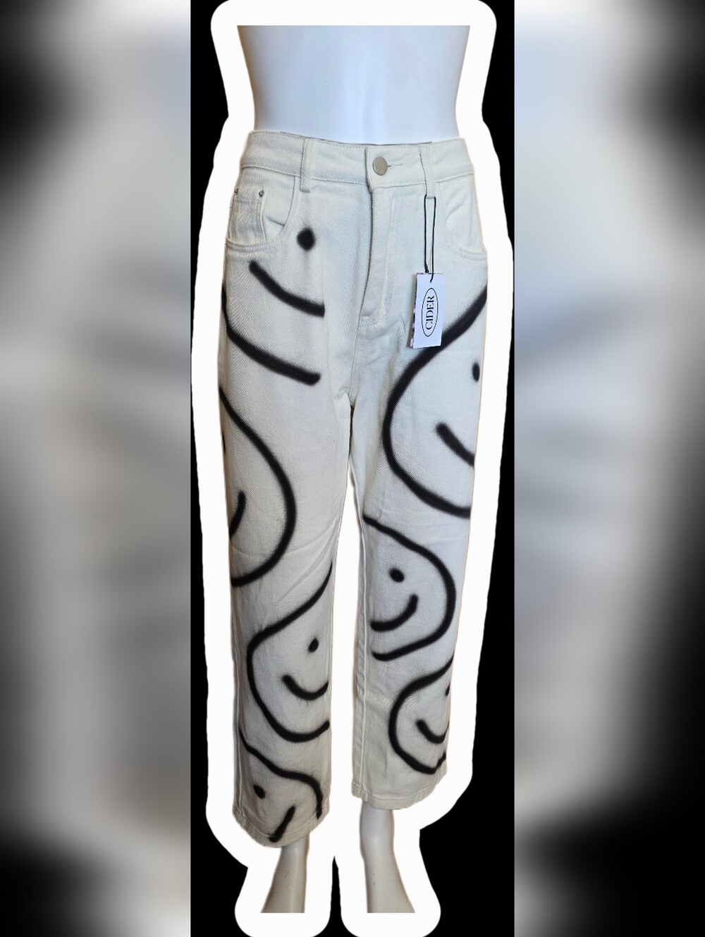Cider White Straight-Leg Jeans with Black Smile Graffiti